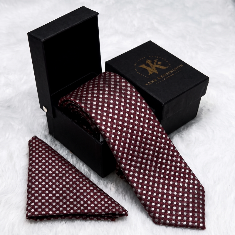 Farringdon Claret Honeycomb silk tie by Vane Kensington in its gift box with matching pocket square