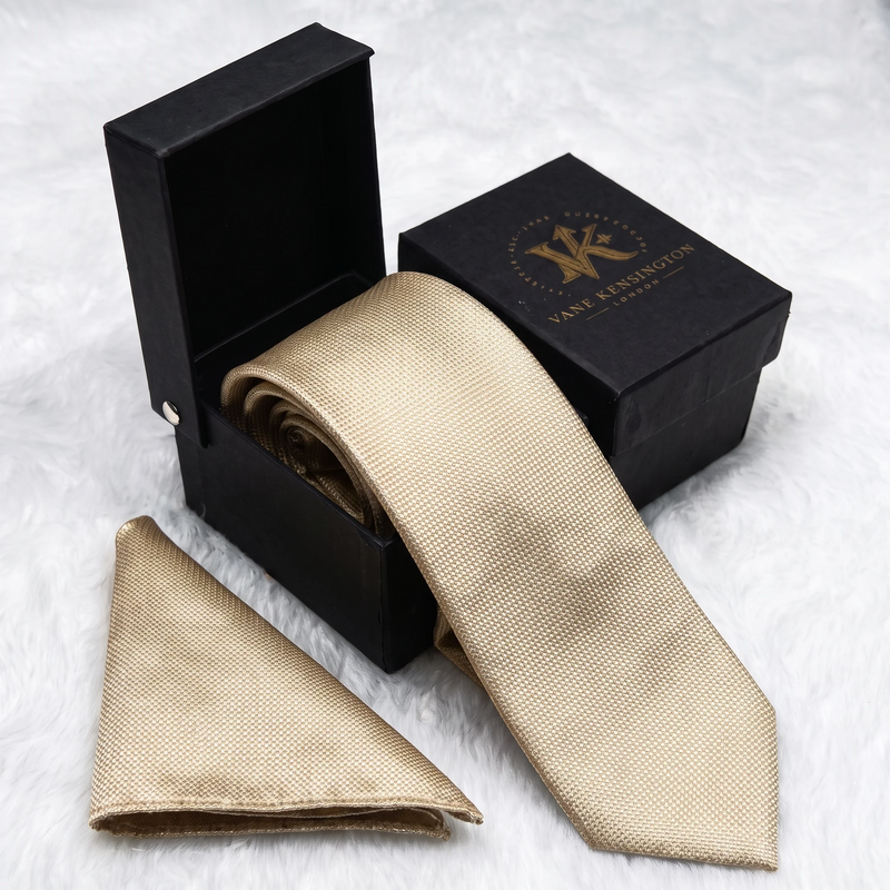 Erith Cream Dot Stripe silk tie by Vane Kensington in its gift box with matching pocket square