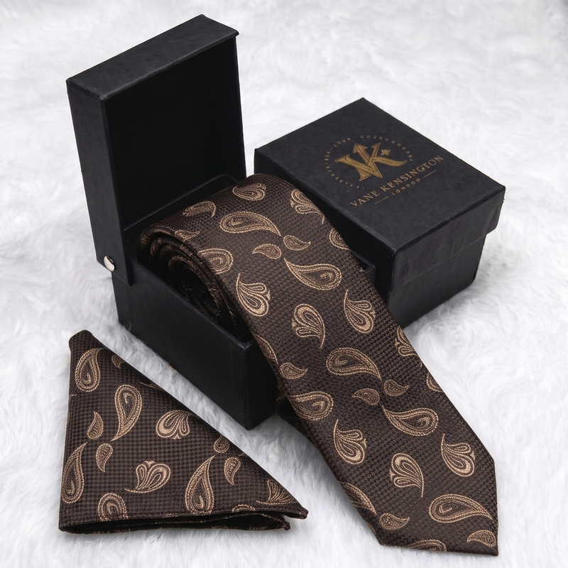 Crystal Palace Bronze Paisley silk tie by Vane Kensington in its gift box with matching pocket square