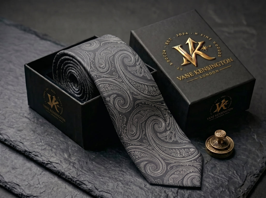 The Regent Silver Paisley Tie - Vane Kensington silk tie