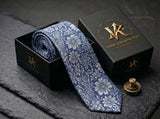 Floral Brocade Navy and Silver Tie - Vane Kensington silk tie