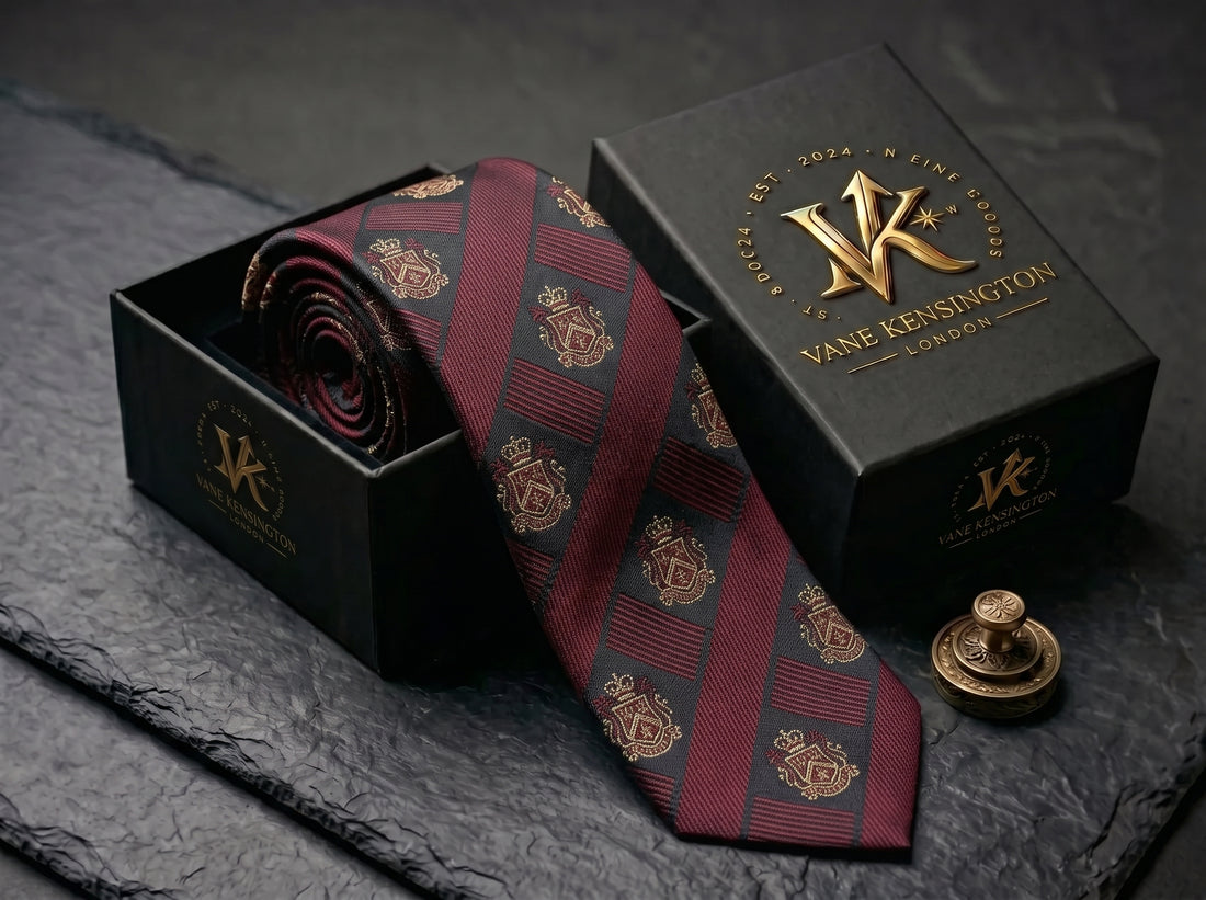 Crested Regimental Charcoal and Crimson Tie - Vane Kensington silk tie
