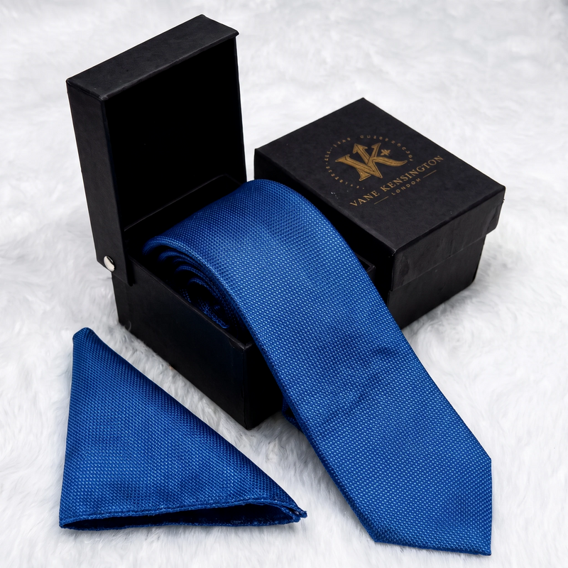 Eltham Cobalt Diamond Weave silk tie by Vane Kensington in its gift box with matching pocket square
