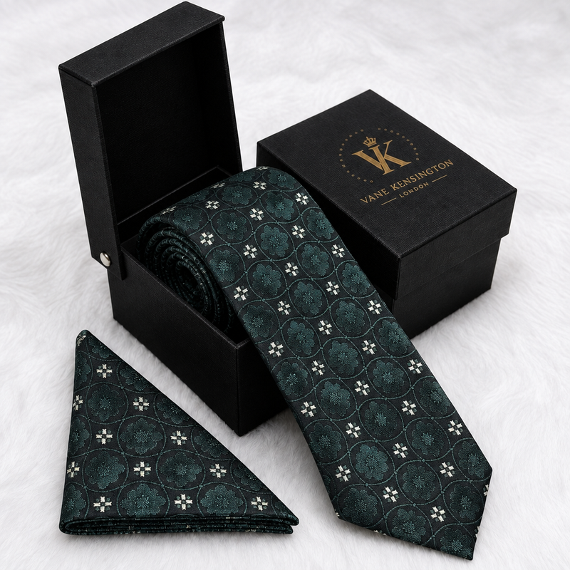 Dalston Hunter Green Medallion silk tie by Vane Kensington in its gift box with matching pocket square