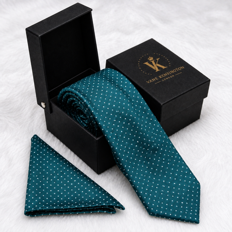 Deptford Teal Dot silk tie by Vane Kensington in its gift box with matching pocket square