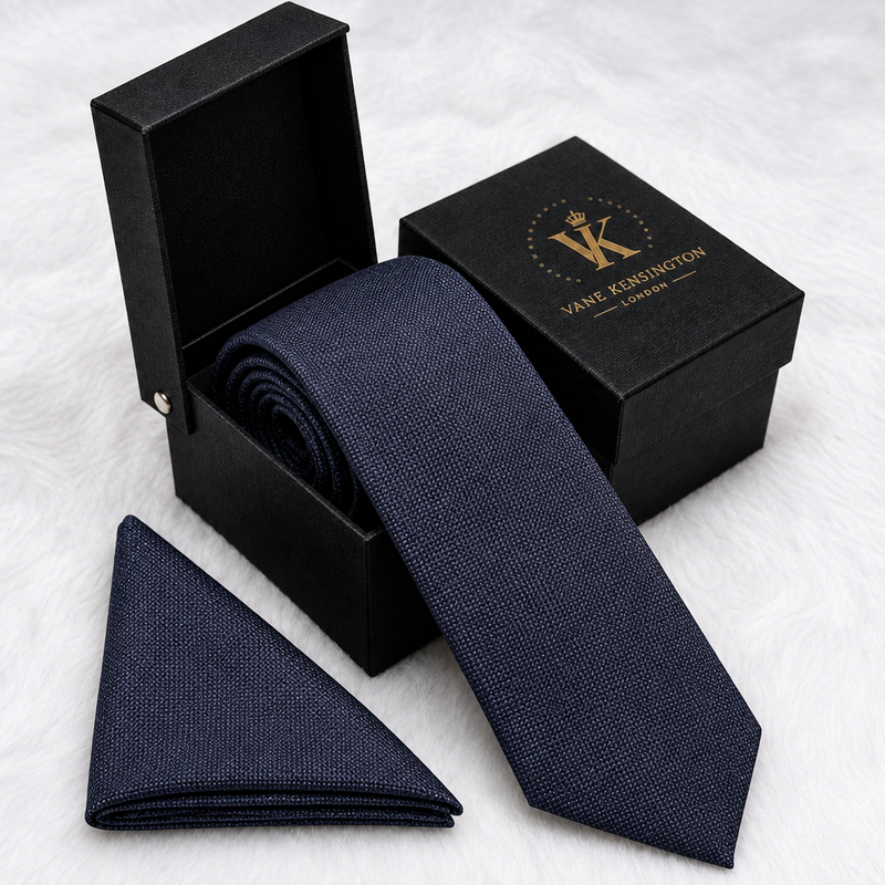 Ealing Navy Micro Dot silk tie by Vane Kensington in its gift box with matching pocket square