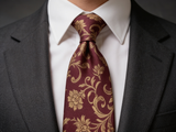 The Buckingham Wine Floral Silk Tie worn in a four-in-hand knot with a white collar and charcoal suit