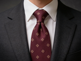 The St. James Medallion Silk Tie worn in a four-in-hand knot with a white collar and charcoal suit
