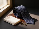 The Chelsea Vine Silk Tie coiled on dark walnut with a pocket square and brass collar bar