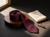 The Knightsbridge Navy & Burgundy Lattice Tie coiled on dark walnut with a pocket square and brass collar bar