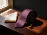The Belgravia Textured Grenadine Tie coiled on dark walnut with a pocket square and brass collar bar