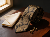 The Sovereign Gold Paisley Tie coiled on dark walnut with a pocket square and brass collar bar