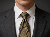 The Sovereign Gold Paisley Tie worn in a four-in-hand knot with a white collar and charcoal suit