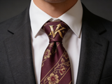 The Highgrove Burgundy Floral Tie worn in a four-in-hand knot with a white collar and charcoal suit