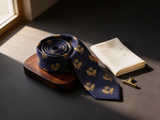 Royal Oak Navy & Gold Tie coiled on dark walnut with a pocket square and brass collar bar