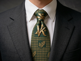 Sherwood Houndstooth Oak Tie worn in a four-in-hand knot with a white collar and charcoal suit