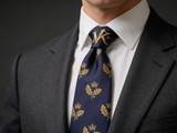 Royal Oak Navy & Gold Tie worn in a four-in-hand knot with a white collar and charcoal suit