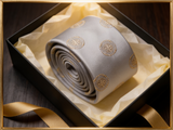 Sovereign Silver Rosette Tie rolled in a gift box, close detail of the silk weave