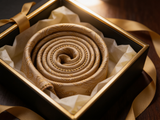 Champagne Gold Baroque Damask Tie rolled in a gift box, close detail of the silk weave