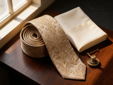 Champagne Gold Baroque Damask Tie coiled on dark walnut with a pocket square and brass collar bar