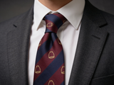Ascot Stirrup Striped Tie worn in a four-in-hand knot with a white collar and charcoal suit