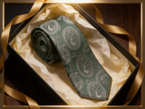Sovereign Paisley Emerald Tie rolled in a gift box, close detail of the silk weave