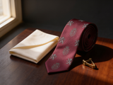Windsor Crest Burgundy Tie coiled on dark walnut with a pocket square and brass collar bar