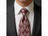 Royal Crown Burgundy Tie worn in a four-in-hand knot with a white collar and charcoal suit