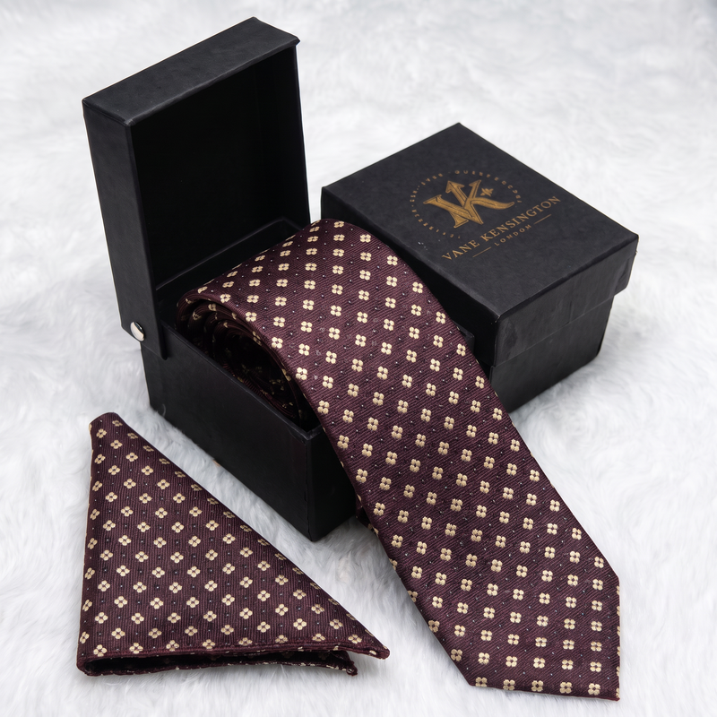 Belgravia Clover silk tie by Vane Kensington in its gift box with matching pocket square