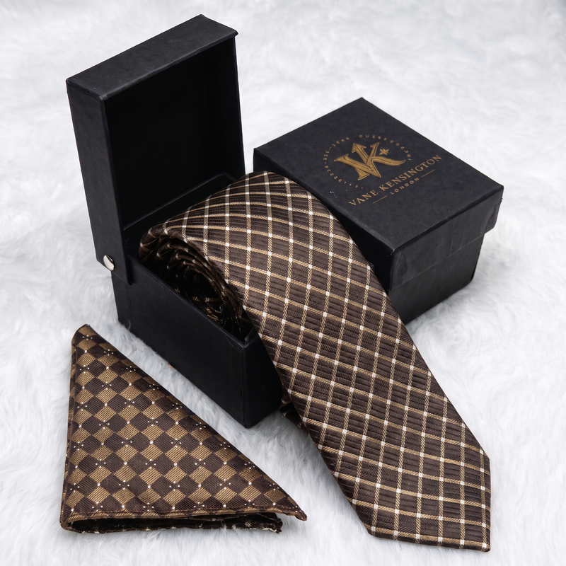 Piccadilly Bronze Check silk tie by Vane Kensington in its gift box with matching pocket square