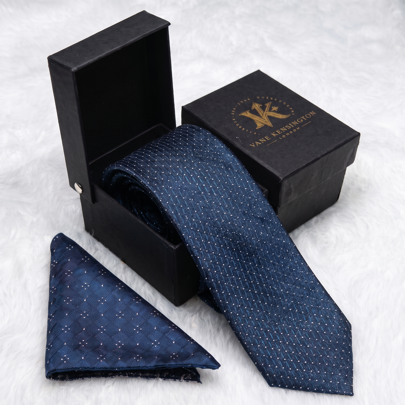Islington Onyx Lattice silk tie by Vane Kensington in its gift box with matching pocket square