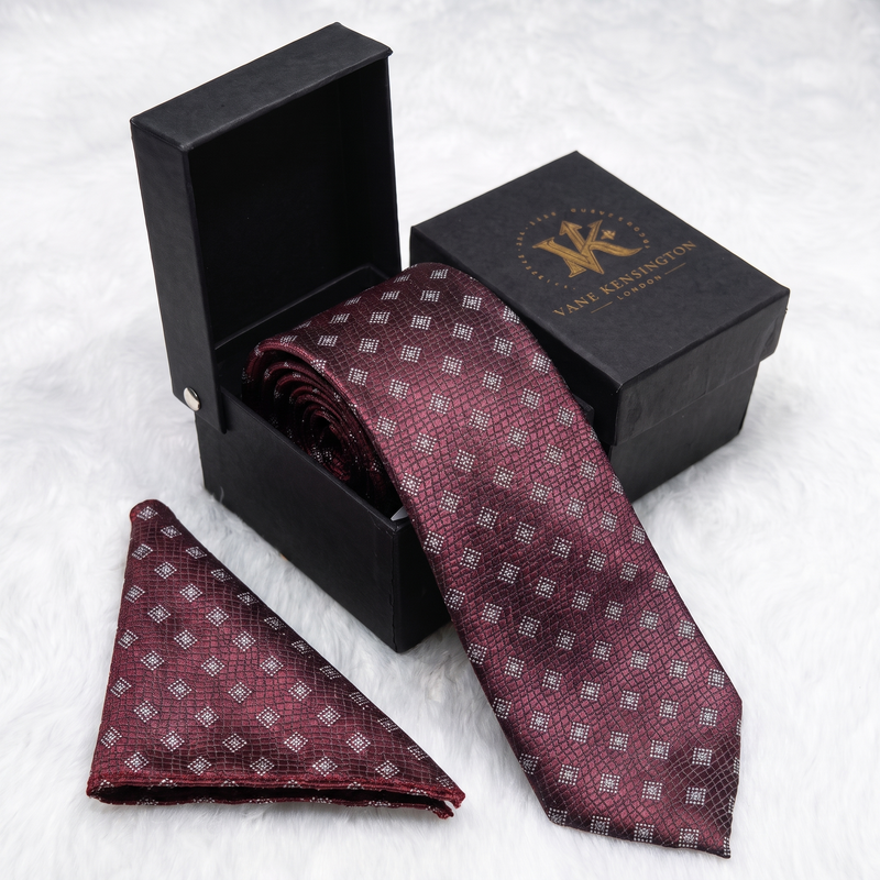 Westminster Plum Diamond Trellis silk tie by Vane Kensington in its gift box with matching pocket square