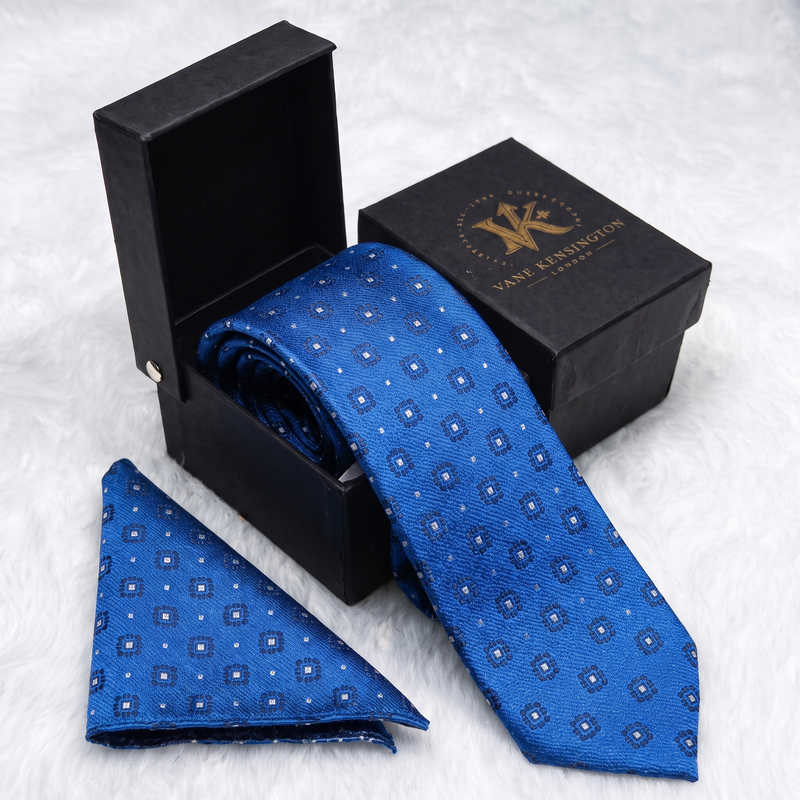 Notting Hill Cobalt Medallion silk tie by Vane Kensington in its gift box with matching pocket square