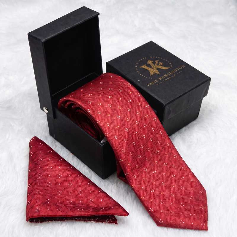 Pimlico Scarlet Diamond Cluster silk tie by Vane Kensington in its gift box with matching pocket square