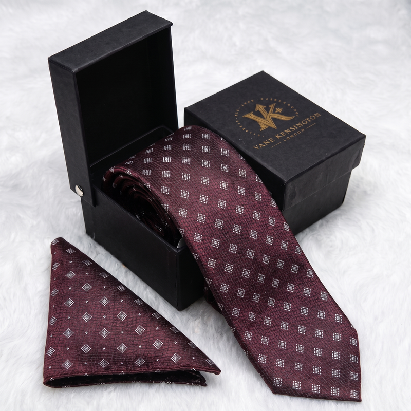 Vauxhall Plum Lattice Dot silk tie by Vane Kensington in its gift box with matching pocket square