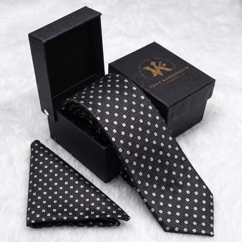 Primrose Hill Ebony Floral Pin Dot silk tie by Vane Kensington in its gift box with matching pocket square
