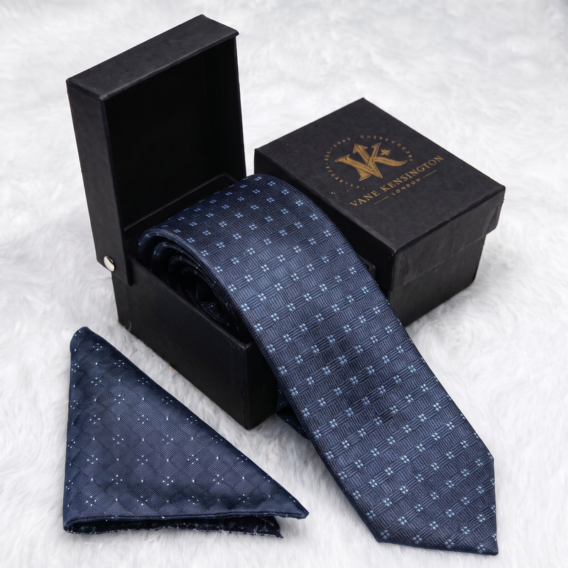 Acton Navy Quatrefoil Dot silk tie by Vane Kensington in its gift box with matching pocket square