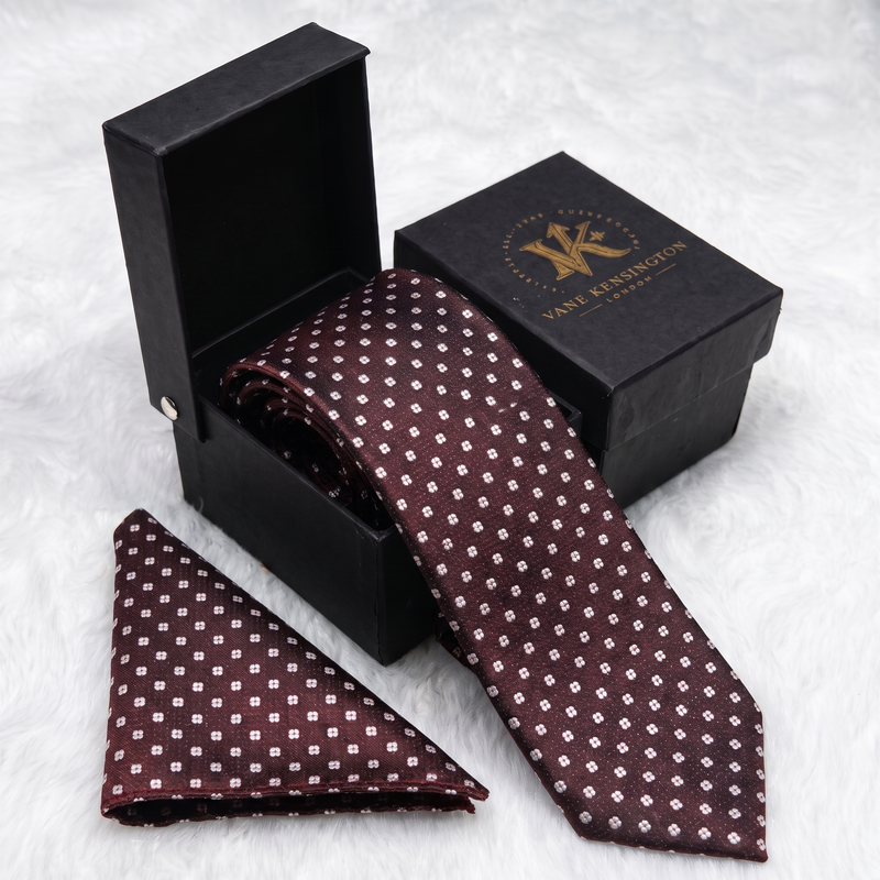 Hoxton Maroon Floral Dot silk tie by Vane Kensington in its gift box with matching pocket square
