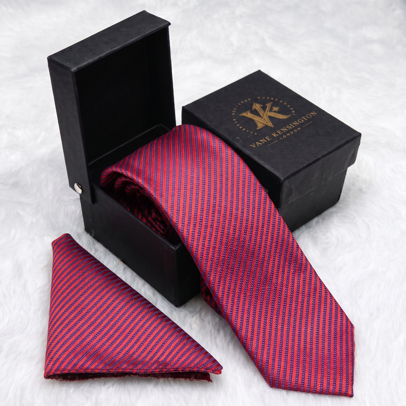 Tooting Ivory Crest Jacquard silk tie by Vane Kensington in its gift box with matching pocket square