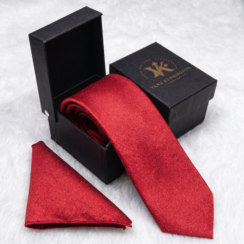 Walthamstow Scarlet Weave silk tie by Vane Kensington in its gift box with matching pocket square
