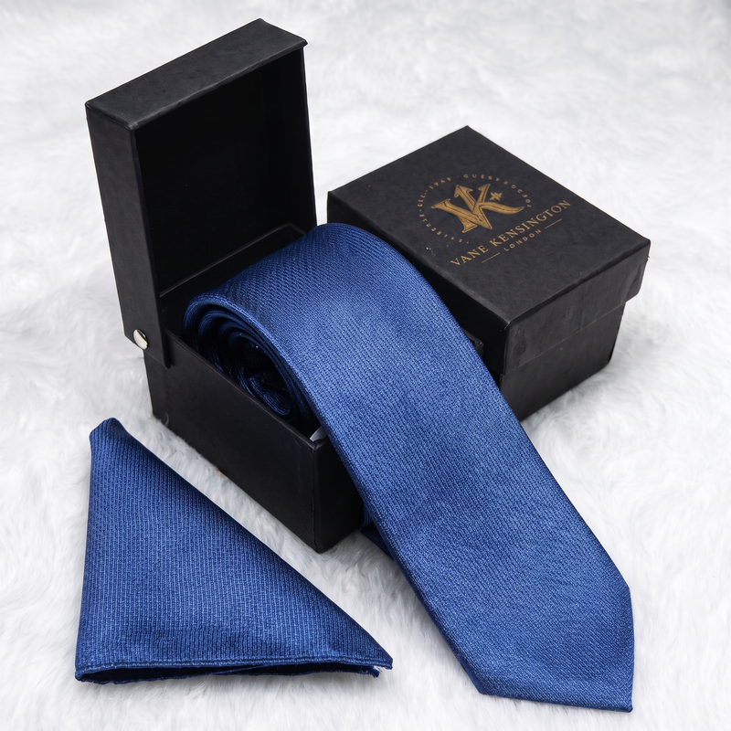 Woodford Navy Weave silk tie by Vane Kensington in its gift box with matching pocket square