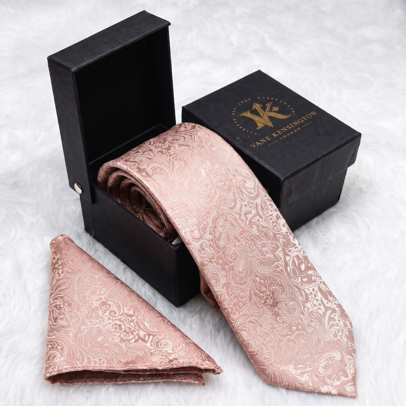 Twickenham Blush Paisley silk tie by Vane Kensington in its gift box with matching pocket square