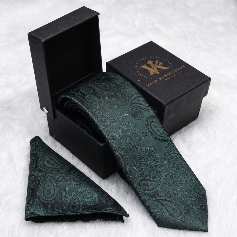 Morden Forest Green Paisley silk tie by Vane Kensington in its gift box with matching pocket square