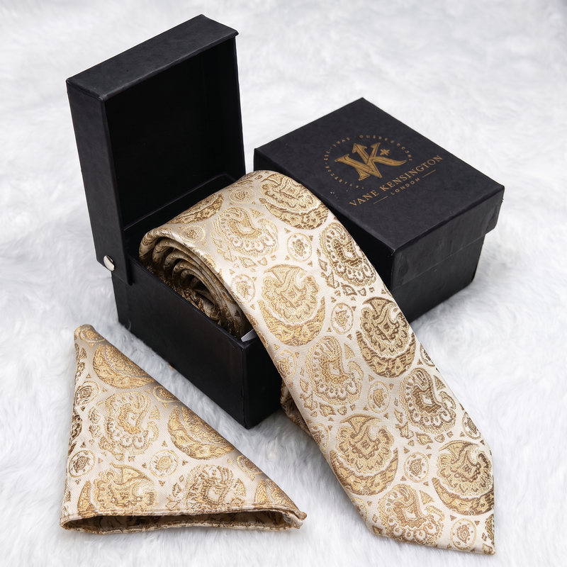 Teddington Gold Medallion Paisley silk tie by Vane Kensington in its gift box with matching pocket square