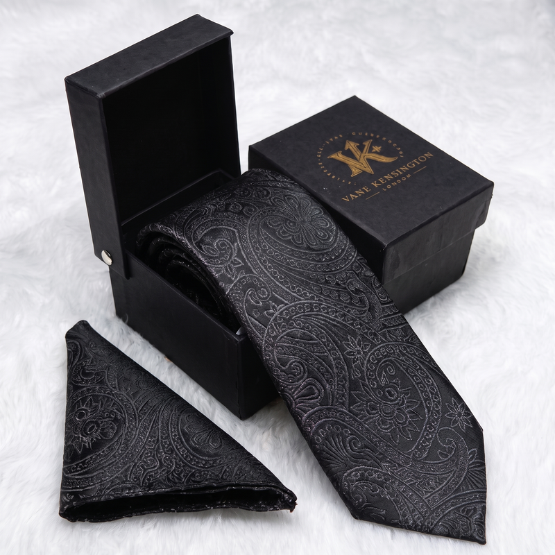 Kingston Onyx Paisley silk tie by Vane Kensington in its gift box with matching pocket square