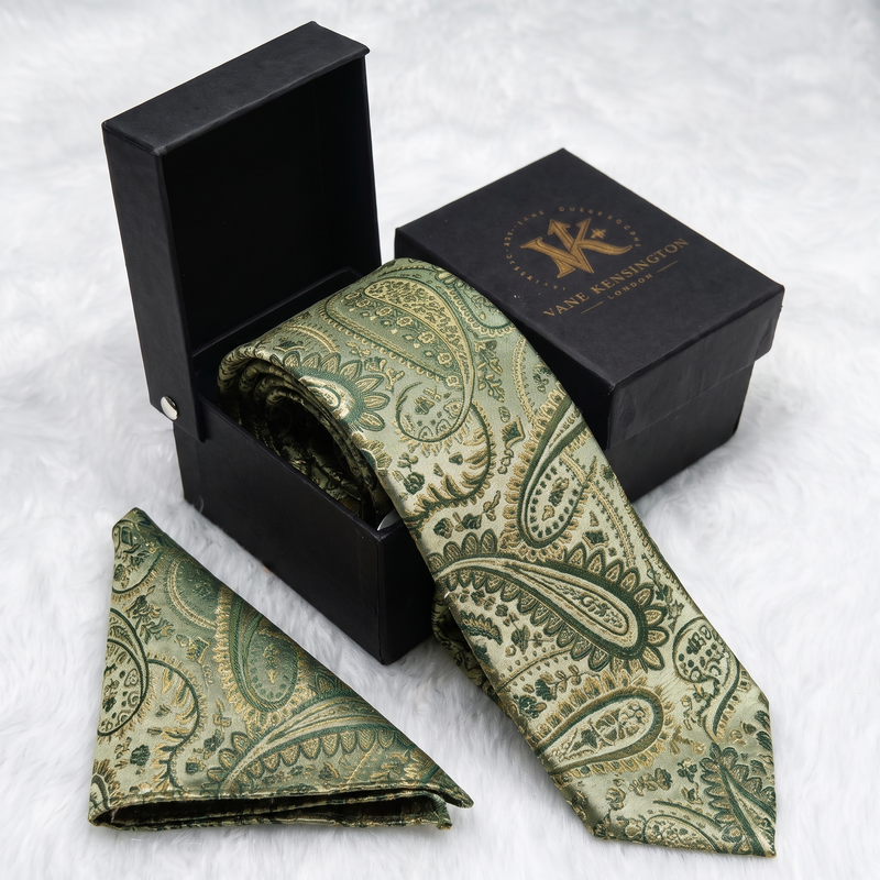 Norwood Sage Paisley silk tie by Vane Kensington in its gift box with matching pocket square