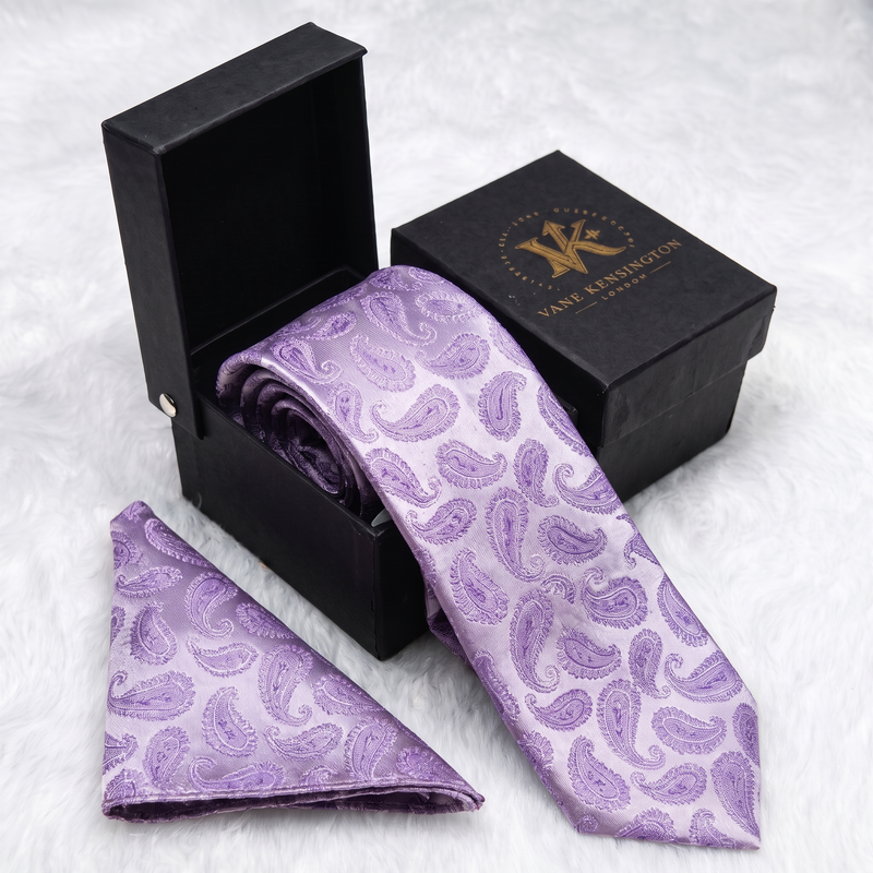 Cheam Lilac Paisley silk tie by Vane Kensington in its gift box with matching pocket square
