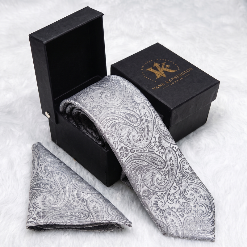 Willesden Silver Paisley silk tie by Vane Kensington in its gift box with matching pocket square