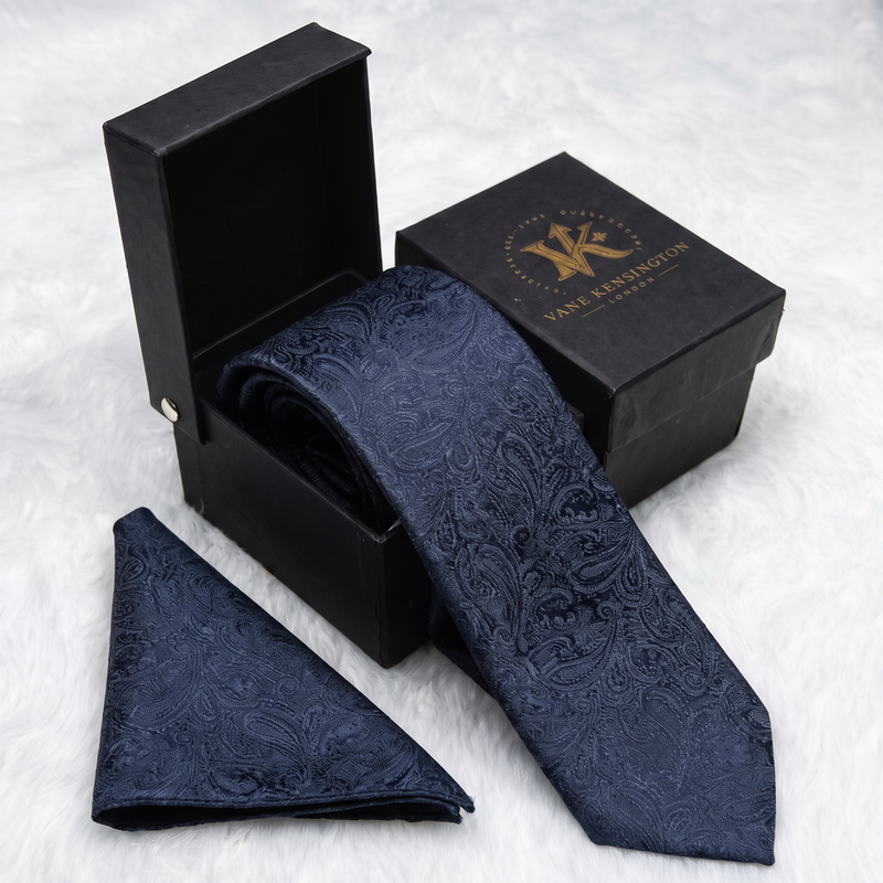 Swiss Cottage Navy Paisley silk tie by Vane Kensington in its gift box with matching pocket square