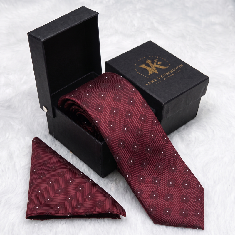 The Spitalfields Burgundy Medallion Dot Silk Tie - gift box